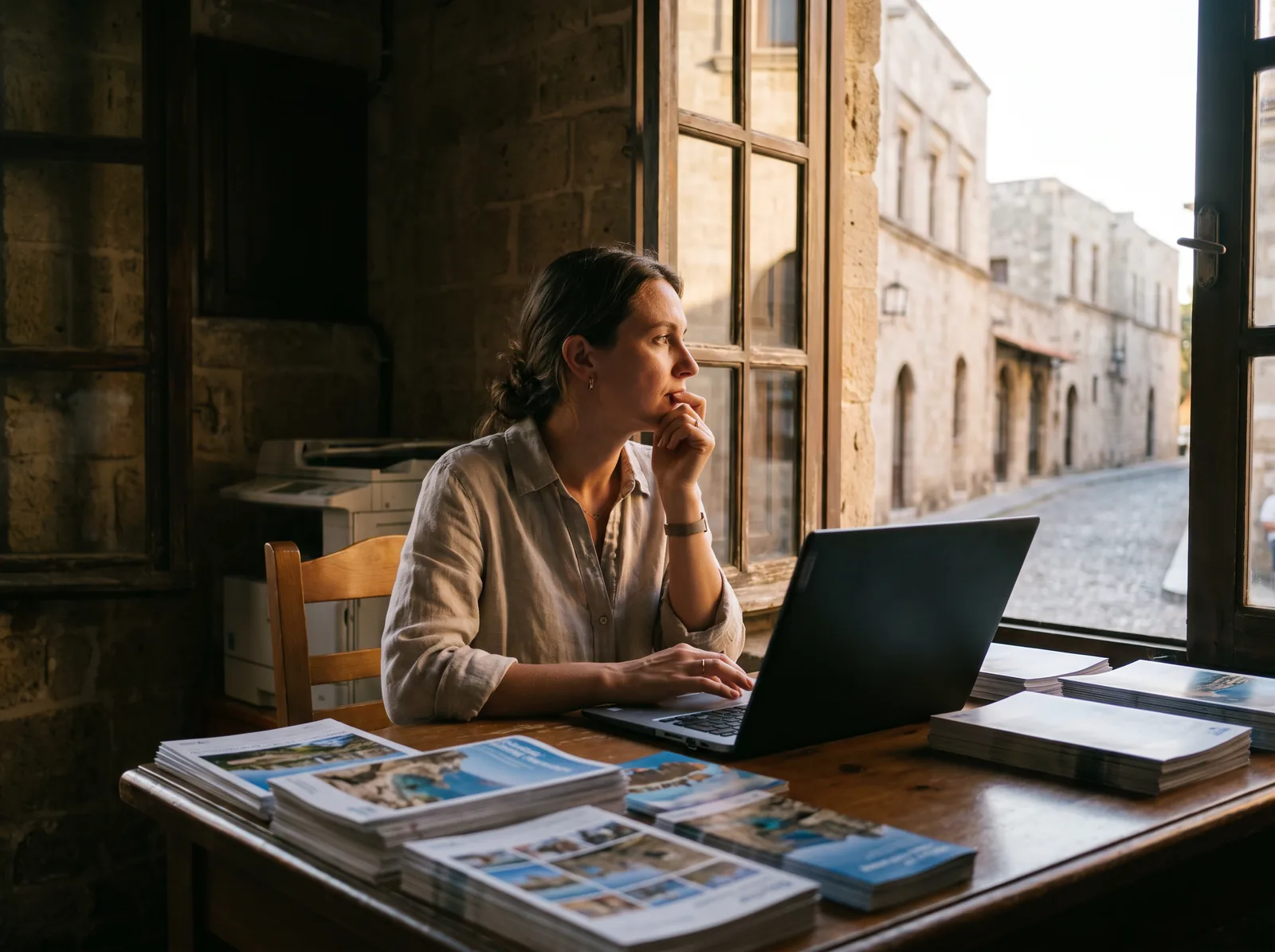 The owner of a travel agency in Rhodes thinking at her laptop, island brochures on the desk