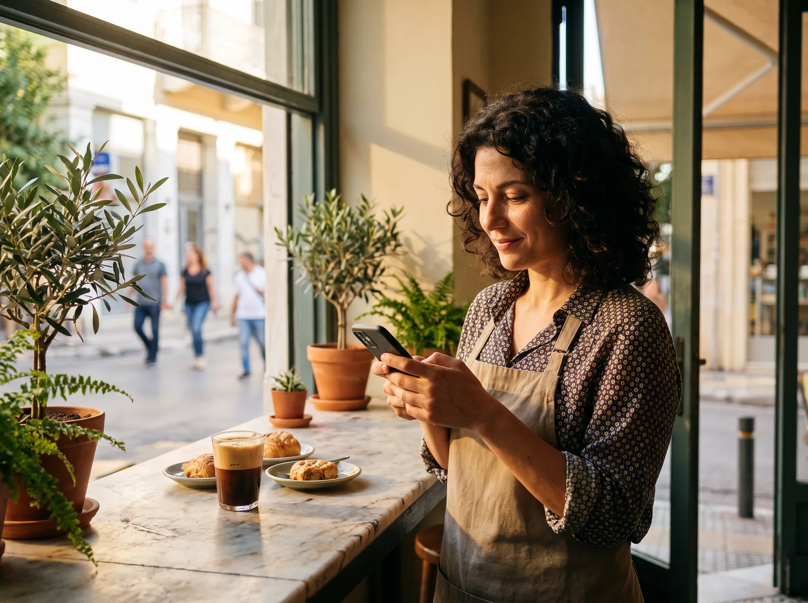 A café owner in Athens behind the marble counter looking at her phone