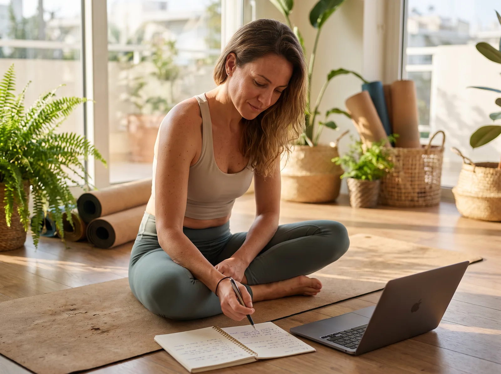 Δασκάλα yoga σε φωτεινό στούντιο στη Γλυφάδα κοιτάζει σημειώσεις στο laptop μετά το μάθημα