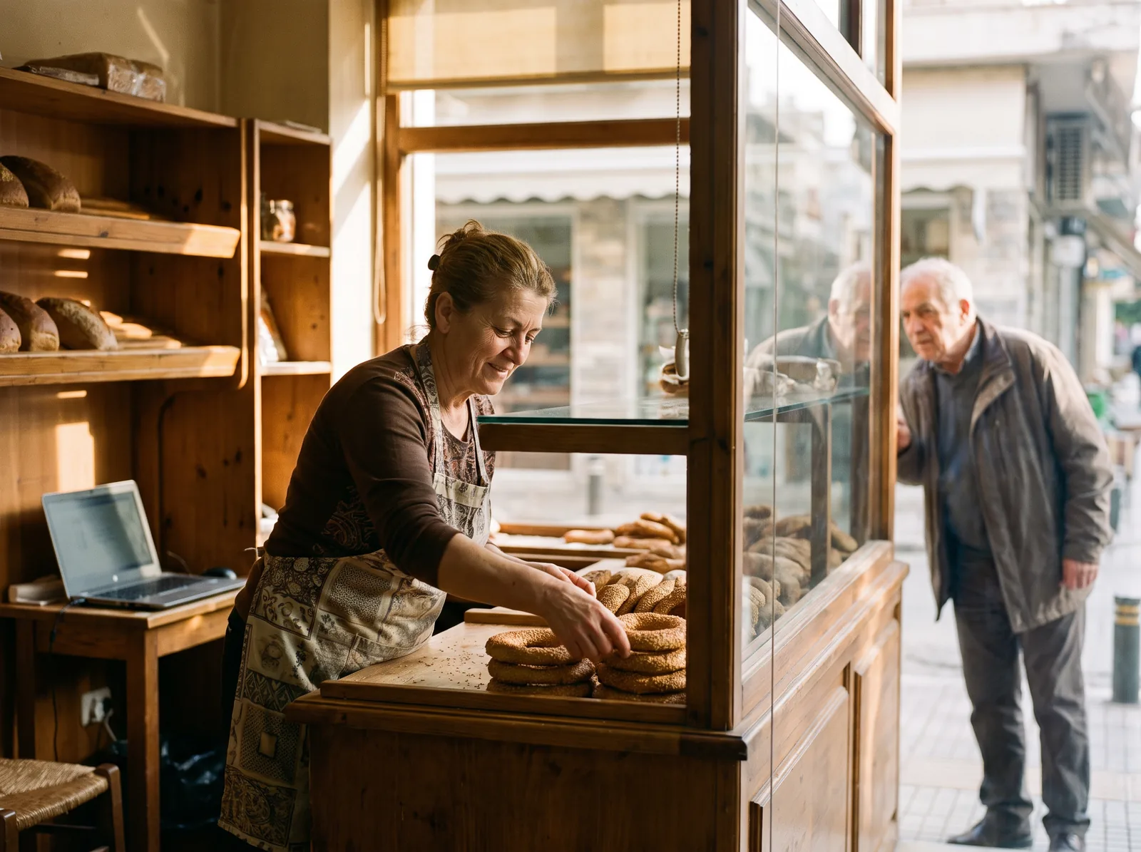 Bakery owner arranging koulouri in the shop window