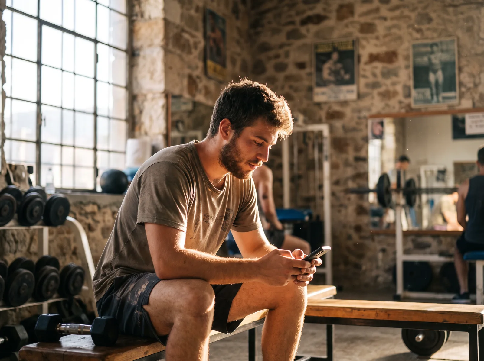 Gym owner sitting on a bench and holding his smartphone.