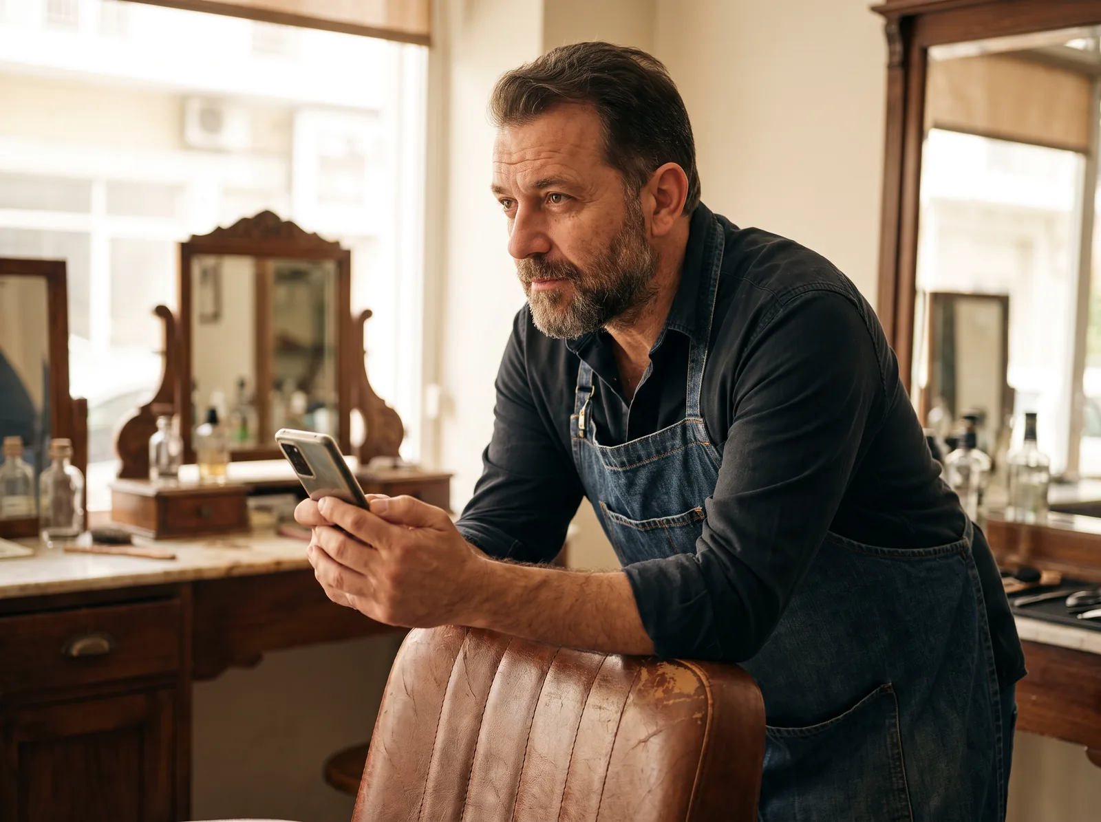 A hairdresser in a barbershop in Kalamaria looking at his phone between appointments.