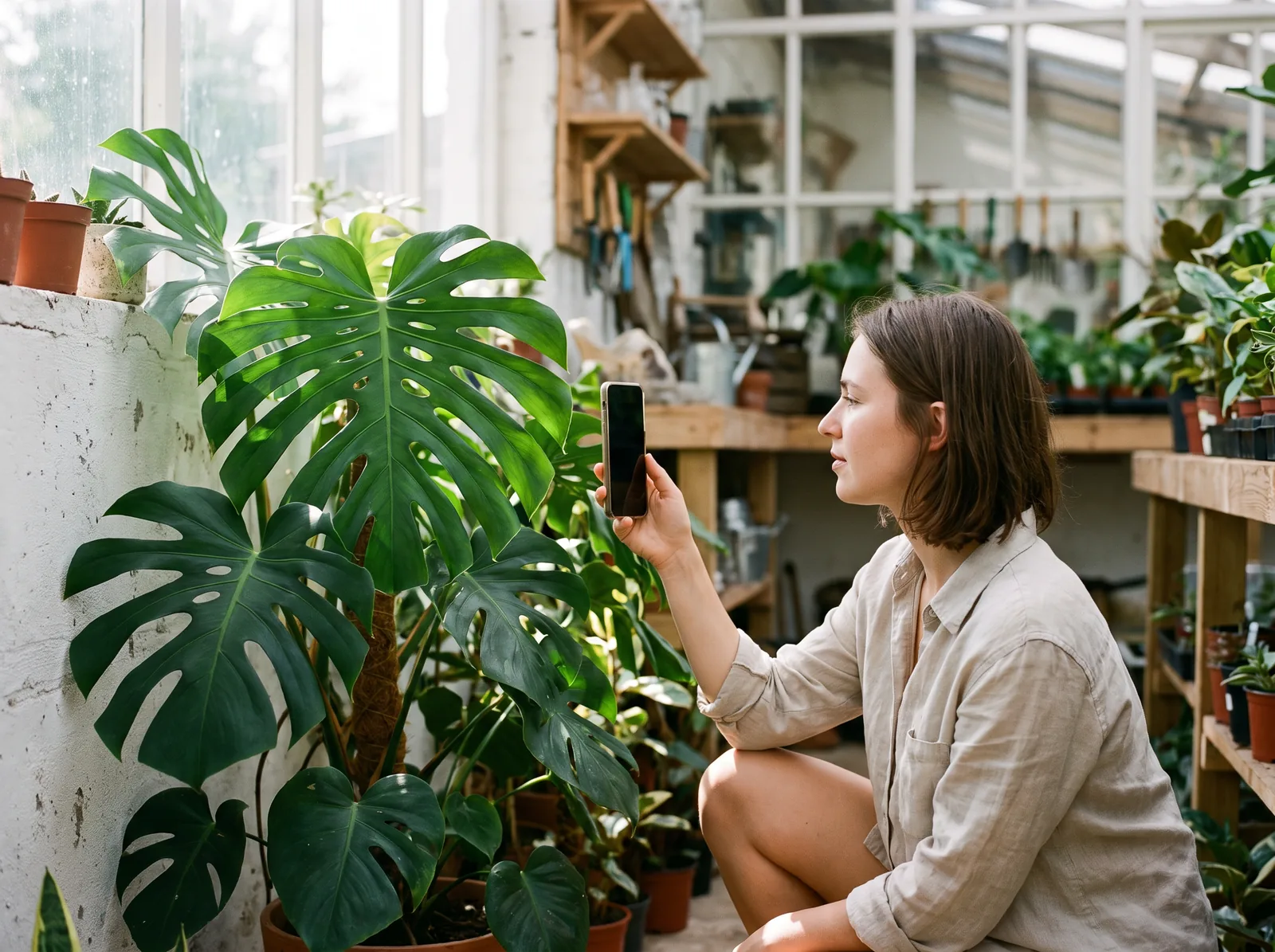 Woman taking a photo of a monstera plant with her smartphone inside a nursery.