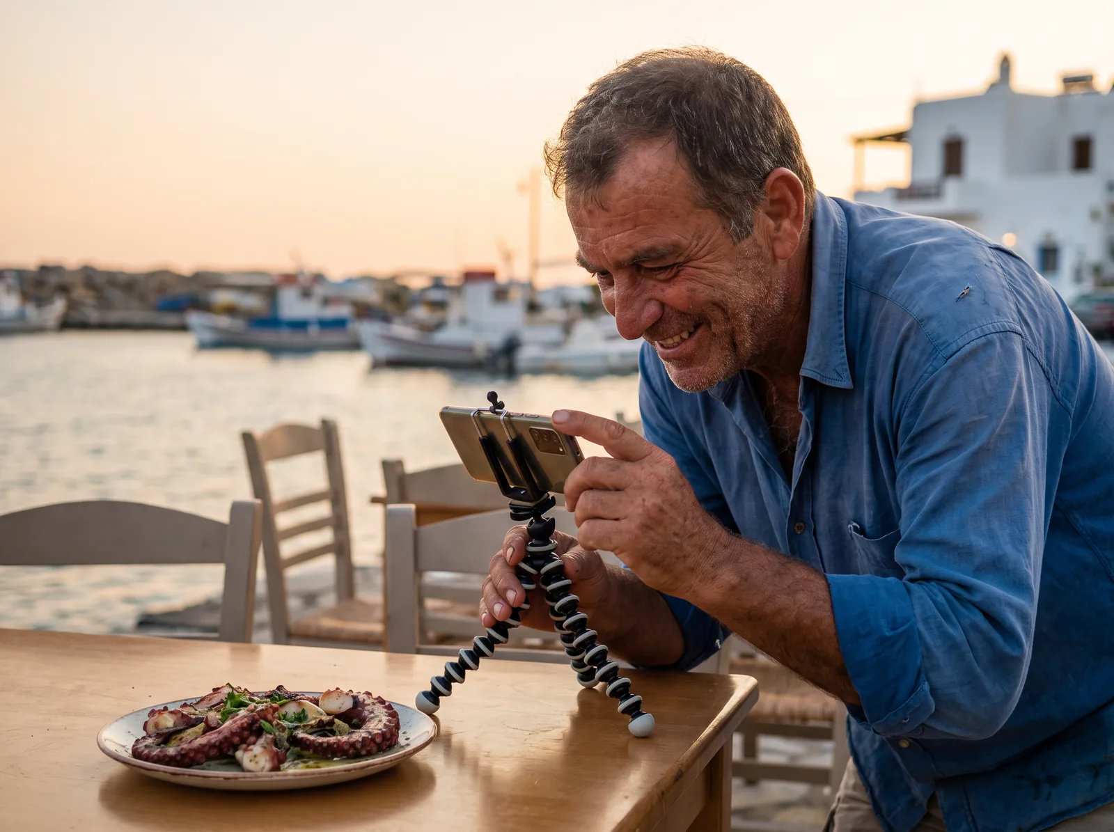 A taverna owner on Naxos filming a plate of grilled octopus with his phone on a tripod by the sea
