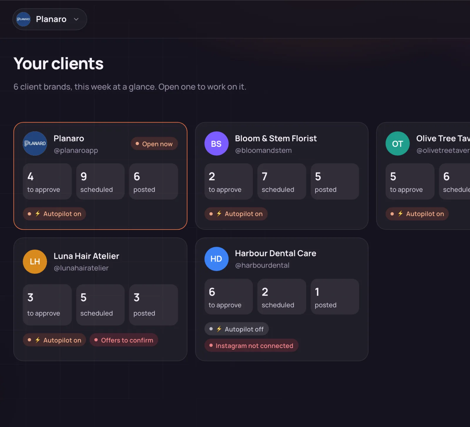 The clients screen for agencies in InstaBot